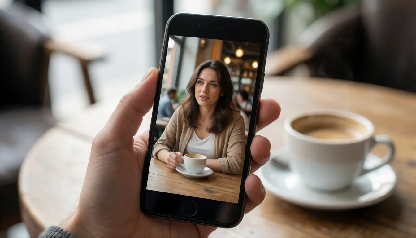 Hand hält ein Smartphone, auf dem das sprechende Porträtvideo einer Frau in einem Café läuft, ein KI-Avatar-Clip auf dem Handy