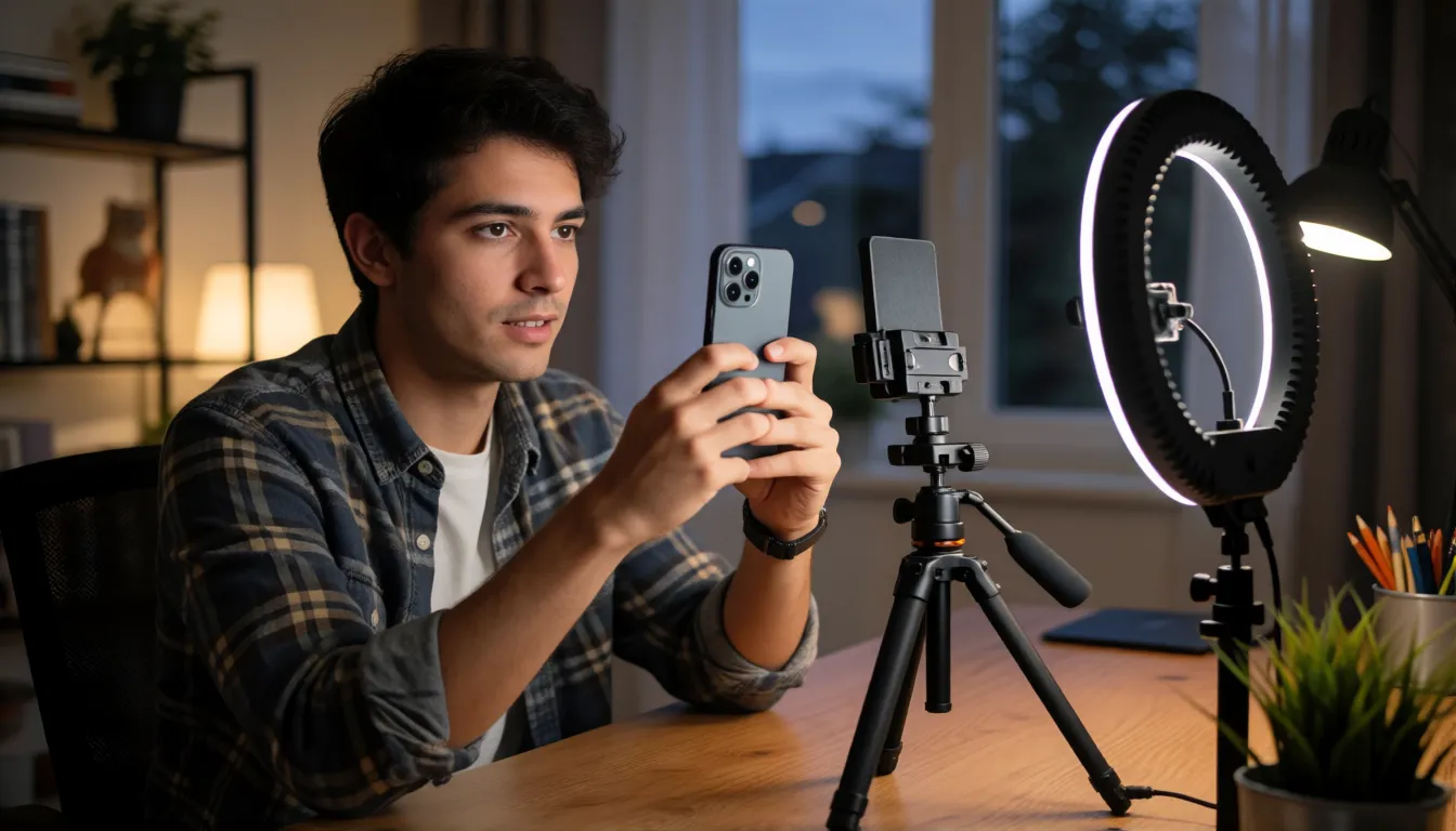 Junger Mann filmt sich am Schreibtisch unter einem Ringlicht mit dem Smartphone und nimmt ein frontales Porträt für einen KI-Avatar auf