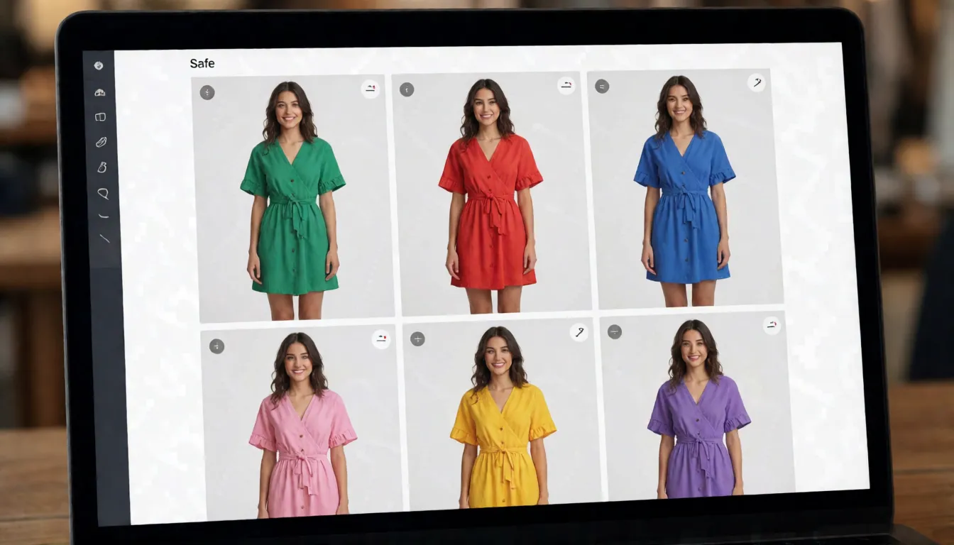 Online fashion catalog grid showing the same adult model in several outfit colorways created with virtual try-on