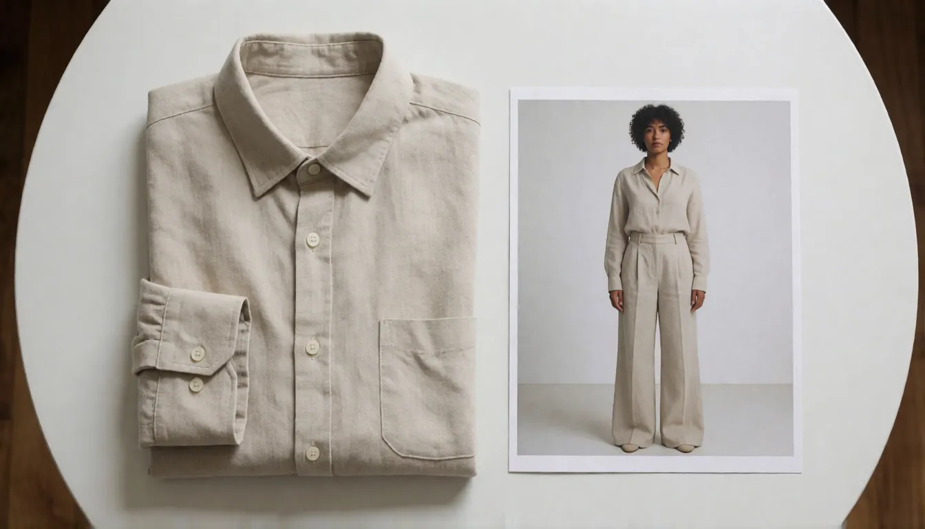 Flat-lay of a folded linen shirt and trousers next to a photo of an adult model wearing the same outfit, illustrating a clothes swap