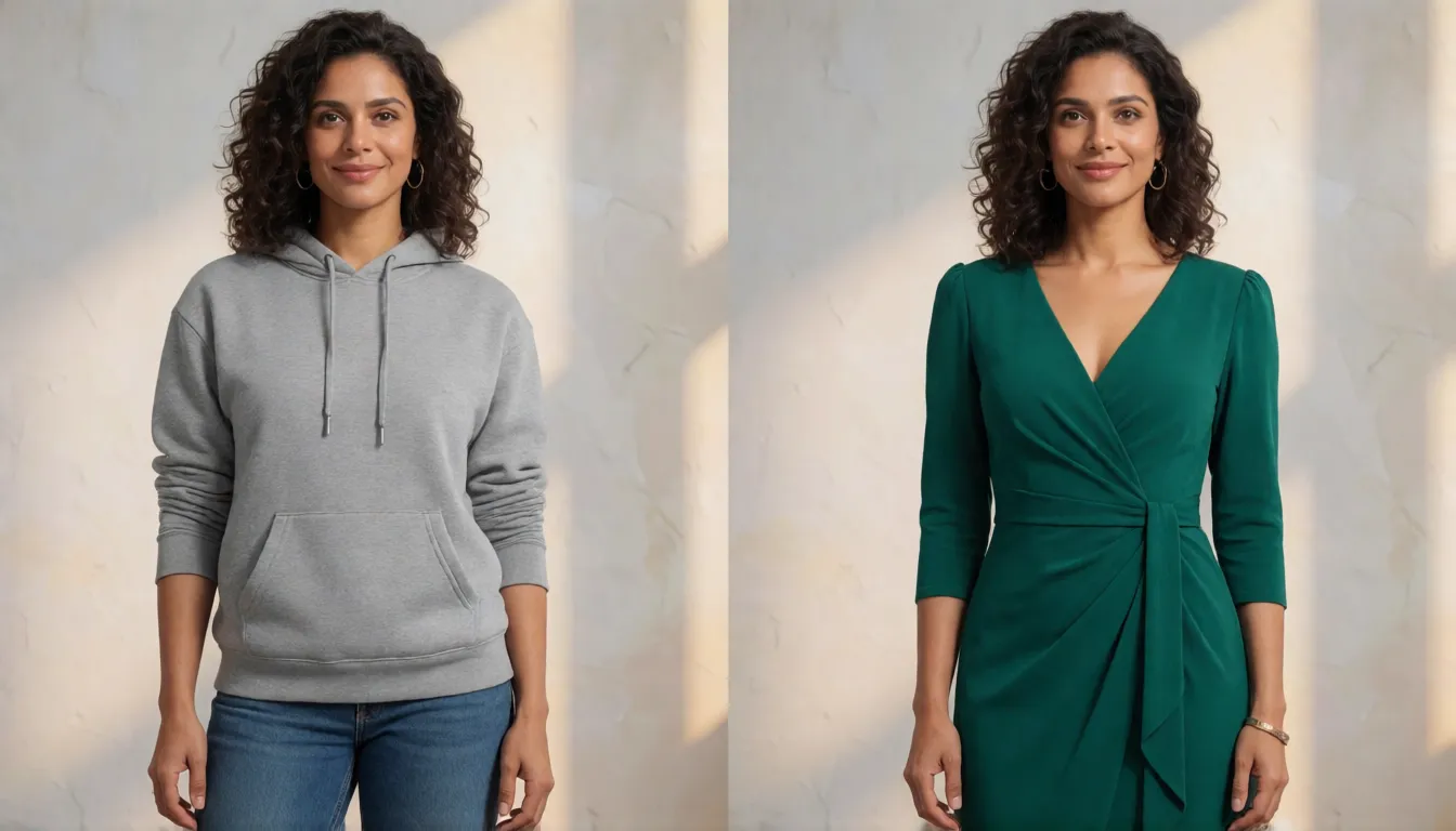 AI cloth swap before-and-after: an adult model in a casual outfit beside the same model wearing an elegant evening dress