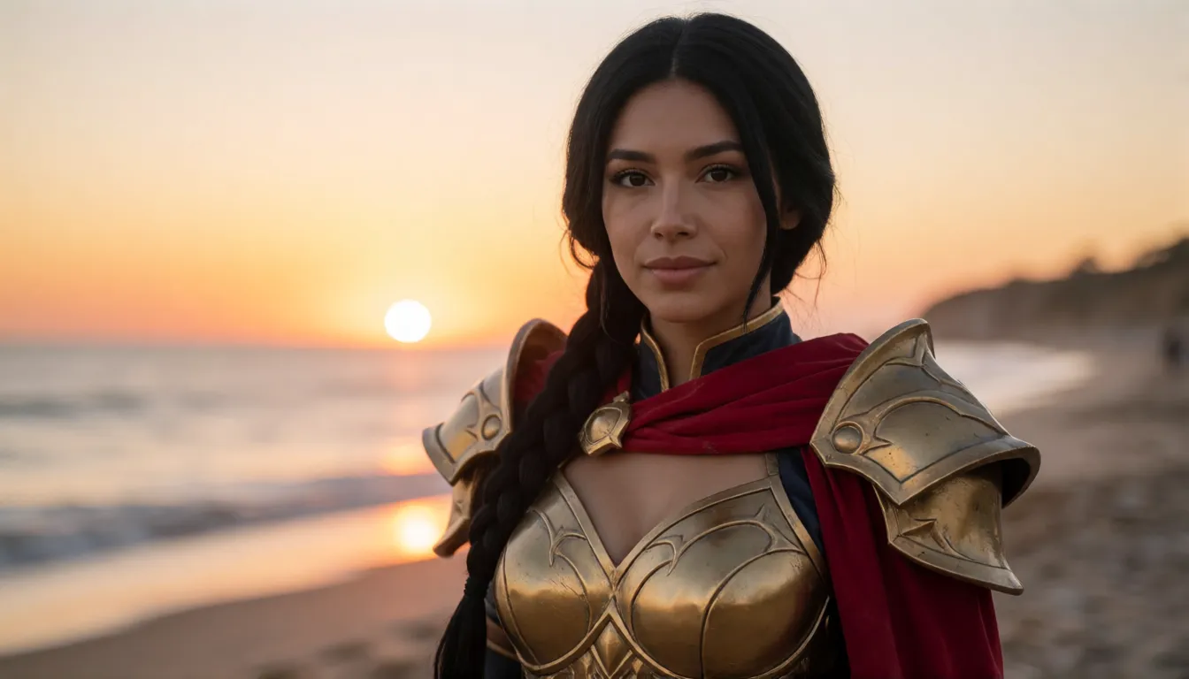 Photorealistic live-action version of an adult fantasy game heroine at a sunset beach, used as a cosplay reference