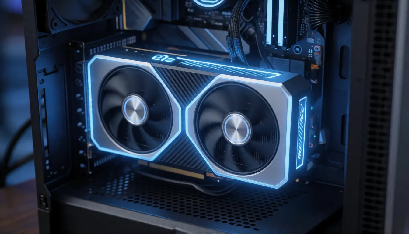 Leuchtende High-End-Grafikkarte in einem offenen PC-Gehäuse, als Illustration der VRAM- und RTX-5090-Anforderungen von EdenLive