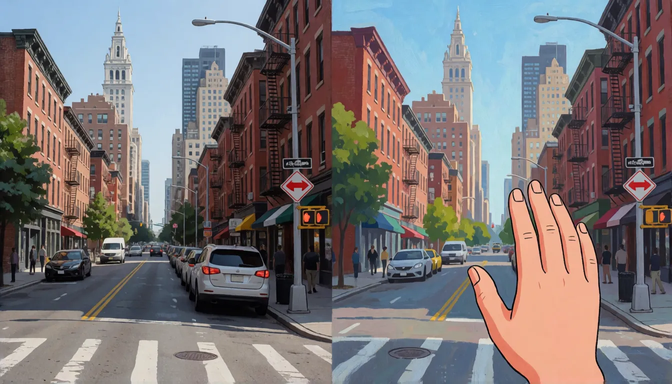 Geteilte Ansicht derselben Stadtstraße als schlichter Videoframe und als handgemalte animierte Version, die das Restyling eines Referenzvideos mit EdenLive zeigt
