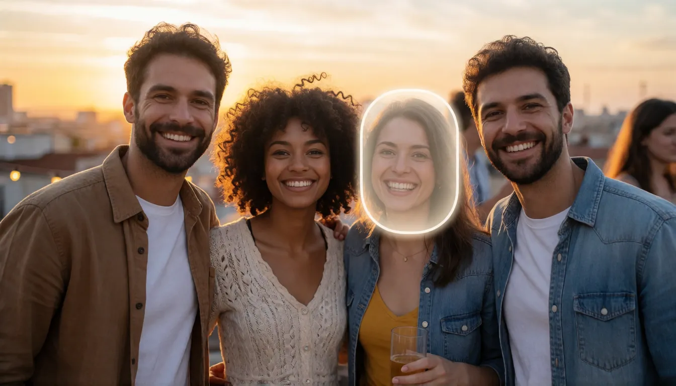 Multi face swap selecting one adult friend's face in a rooftop group photo