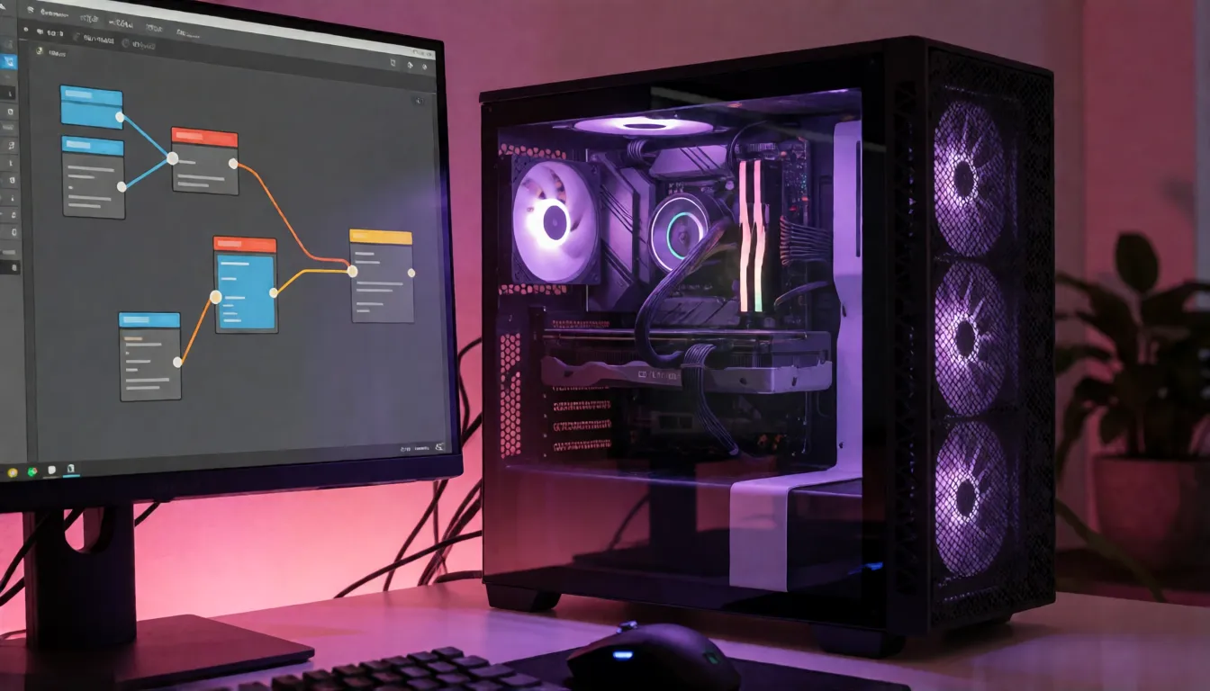 Desktop-Workstation mit Grafikkarte und einem nodebasierten Bild-Workflow auf dem Bildschirm, als Beispiel für ein lokales KI-Bildgenerierungs-Setup