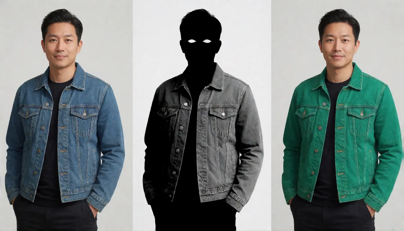 Photo de portrait à côté de son masque noir et blanc, avec seule la zone blanche de la veste repeinte dans une nouvelle couleur, expliquant l'inpainting par masque