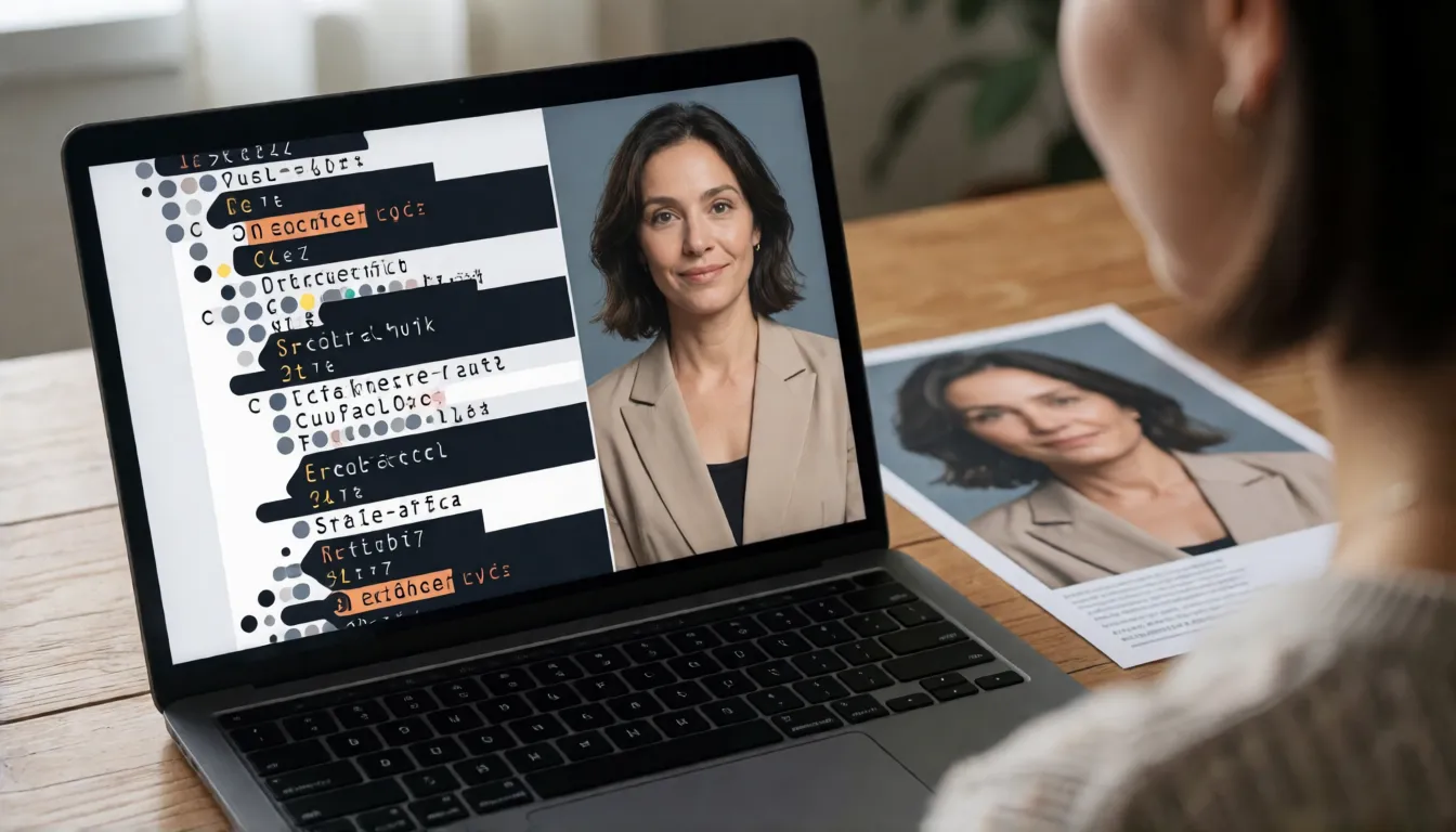 Laptopbildschirm mit einem JSON-Prompt, der Beleuchtung, Hintergrund und Kamera beschreibt, neben dem damit erzeugten fertigen Studioporträt