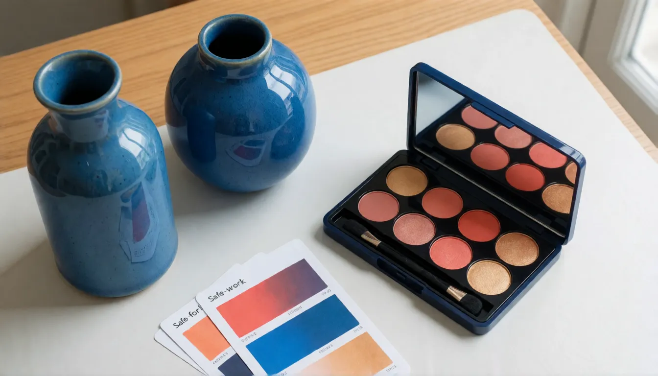 Vases en céramique et palette de fards à paupières aux couleurs précisément assorties sur le bureau d'un designer, illustrant le contrôle exact des couleurs dans les images IA