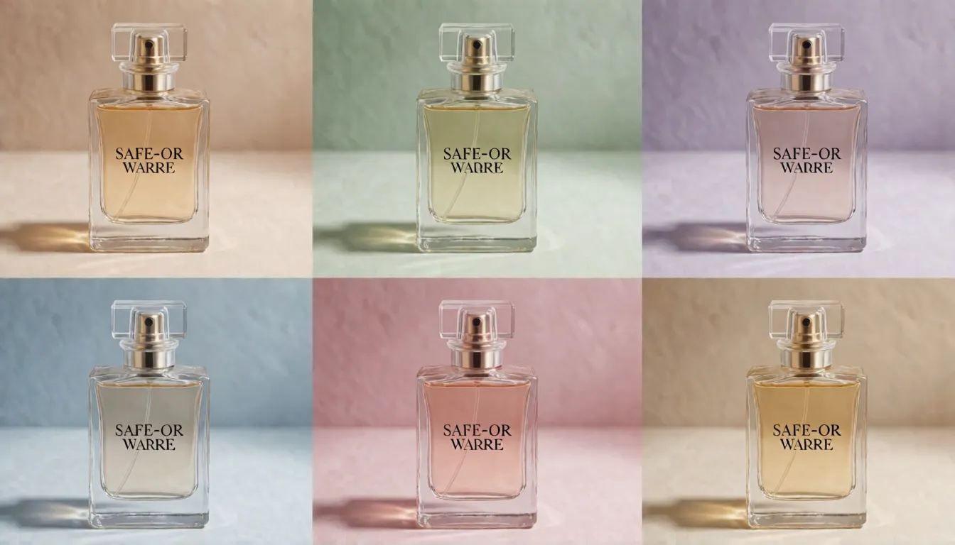 Cuadrícula de fotos de producto de un frasco de perfume sobre fondos de distintos colores, que ilustra imágenes de catálogo coherentes a partir de una referencia