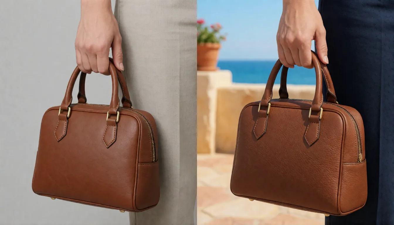 Antes y después de la edición de una foto de un bolso de cuero, en la que el fondo pasa de una pared lisa a una terraza soleada mientras las costuras permanecen idénticas