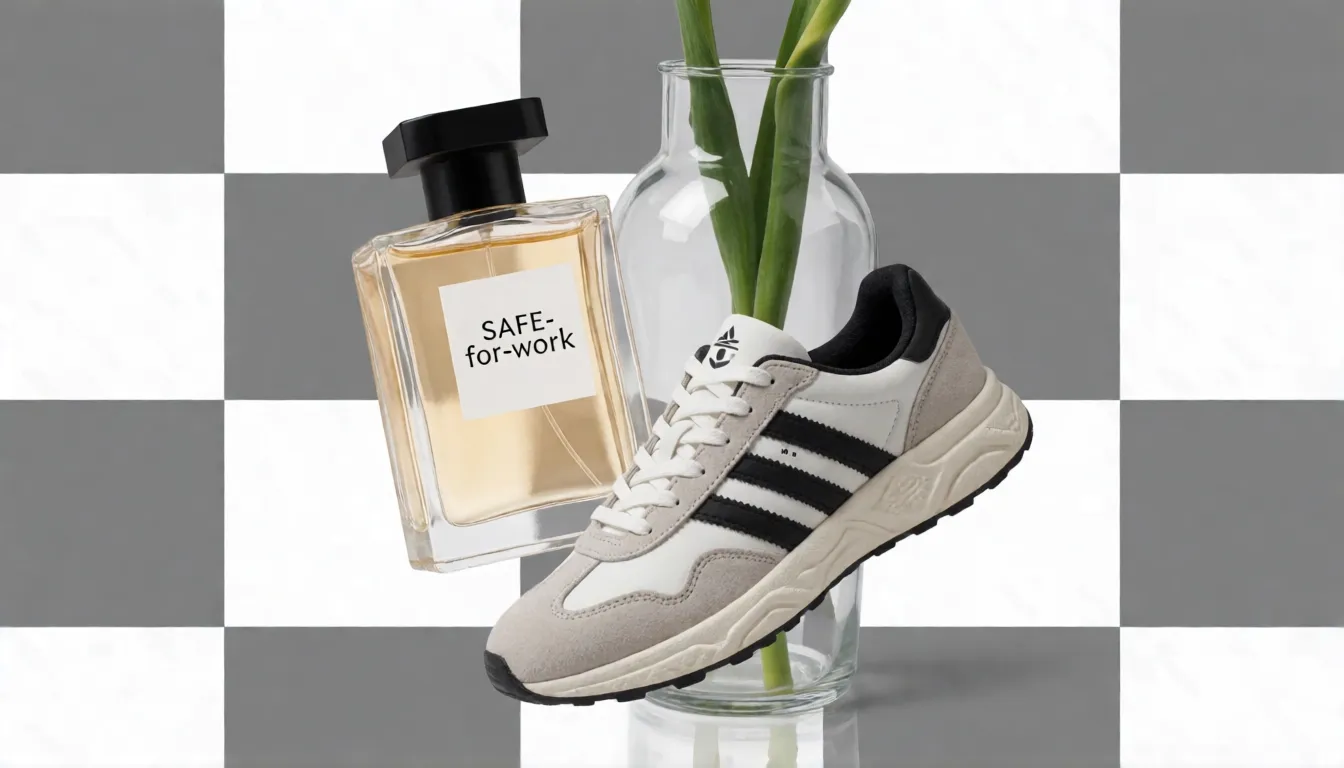Parfümflasche, Sneaker und Glasvase schweben über einem Schachbrettmuster und zeigen freigestellte Produkte mit transparentem Hintergrund