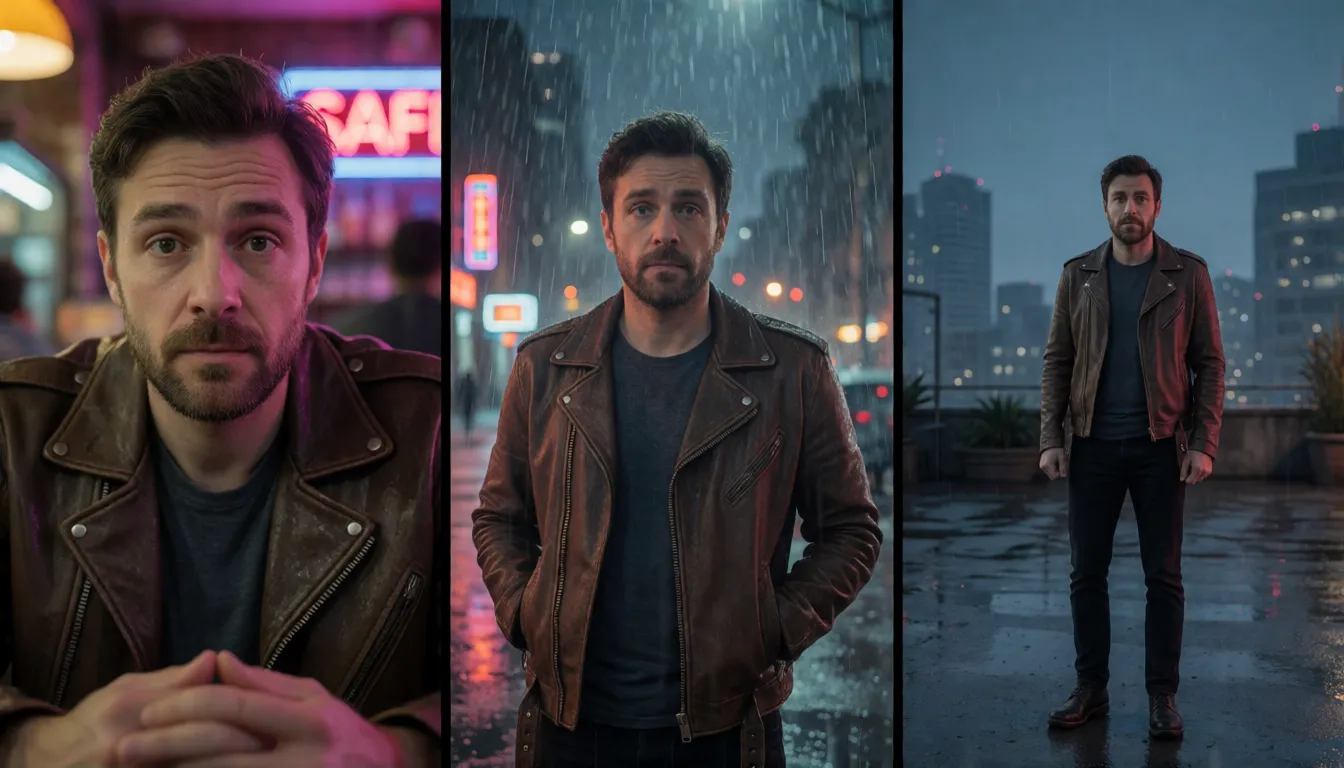 Same adult character keeping his face and jacket consistent across three different video shots