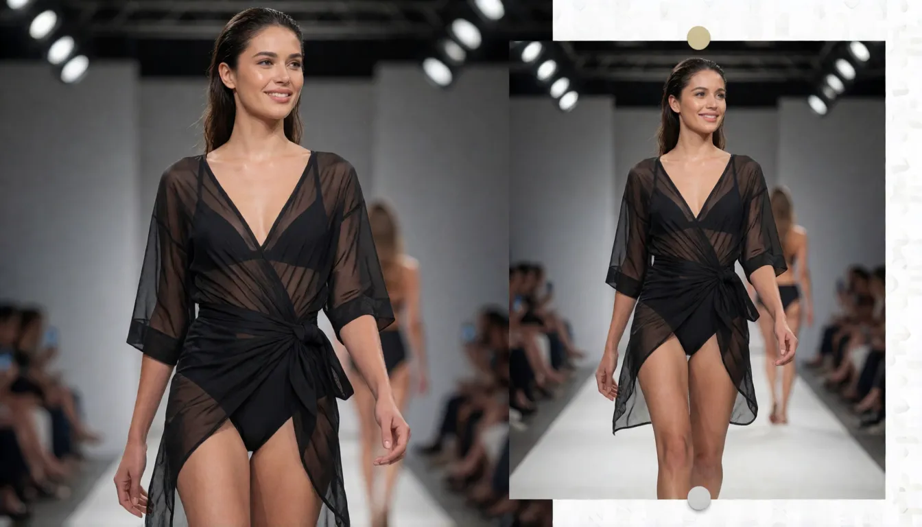 Adult model turning on a runway in a swimsuit taken from an outfit reference image