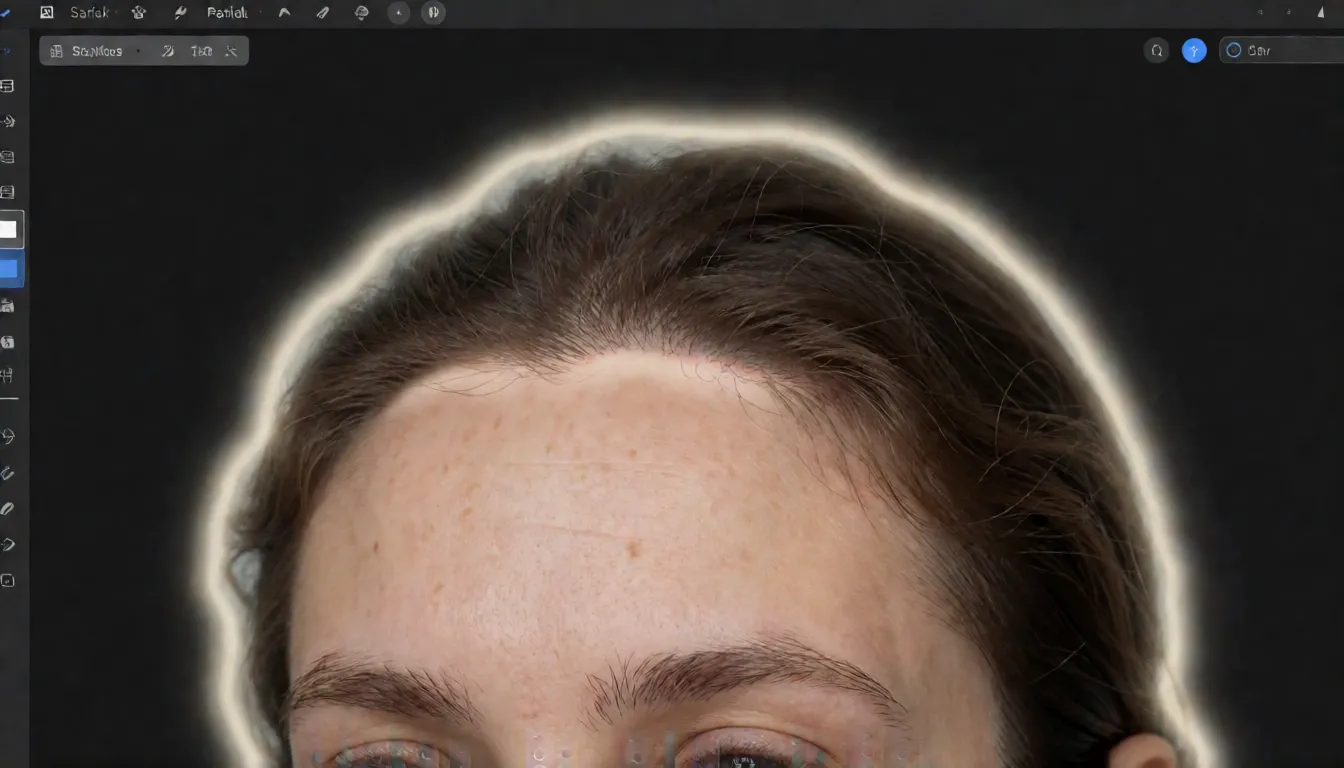 Close-up of a portrait retouching screen highlighting the hairline and neck seam of an edited photo