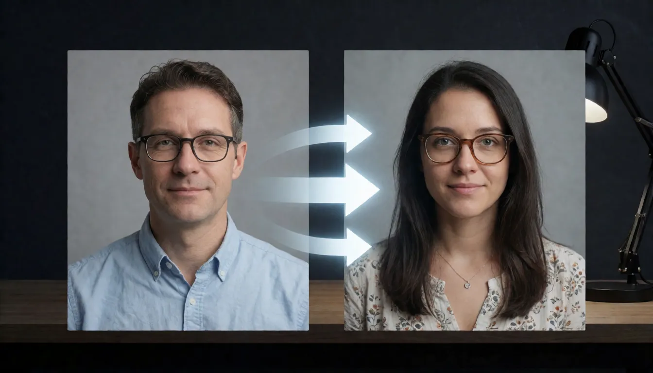 Two source portraits side by side with arrows merging into one finished photo, showing a two-image replacement workflow
