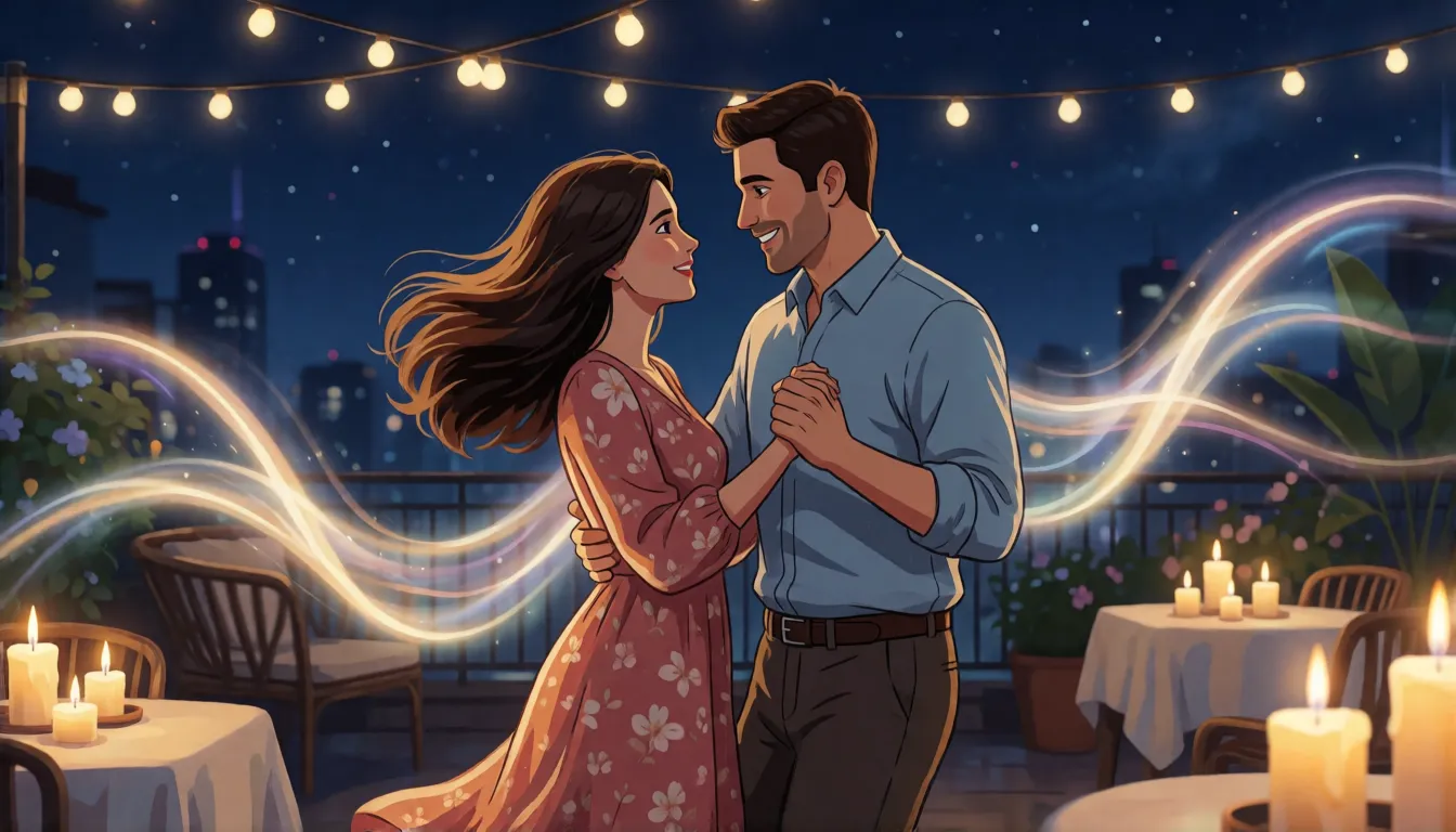Adult couple slow dancing on a candlelit rooftop at night, illustrating video with synchronized music and ambience