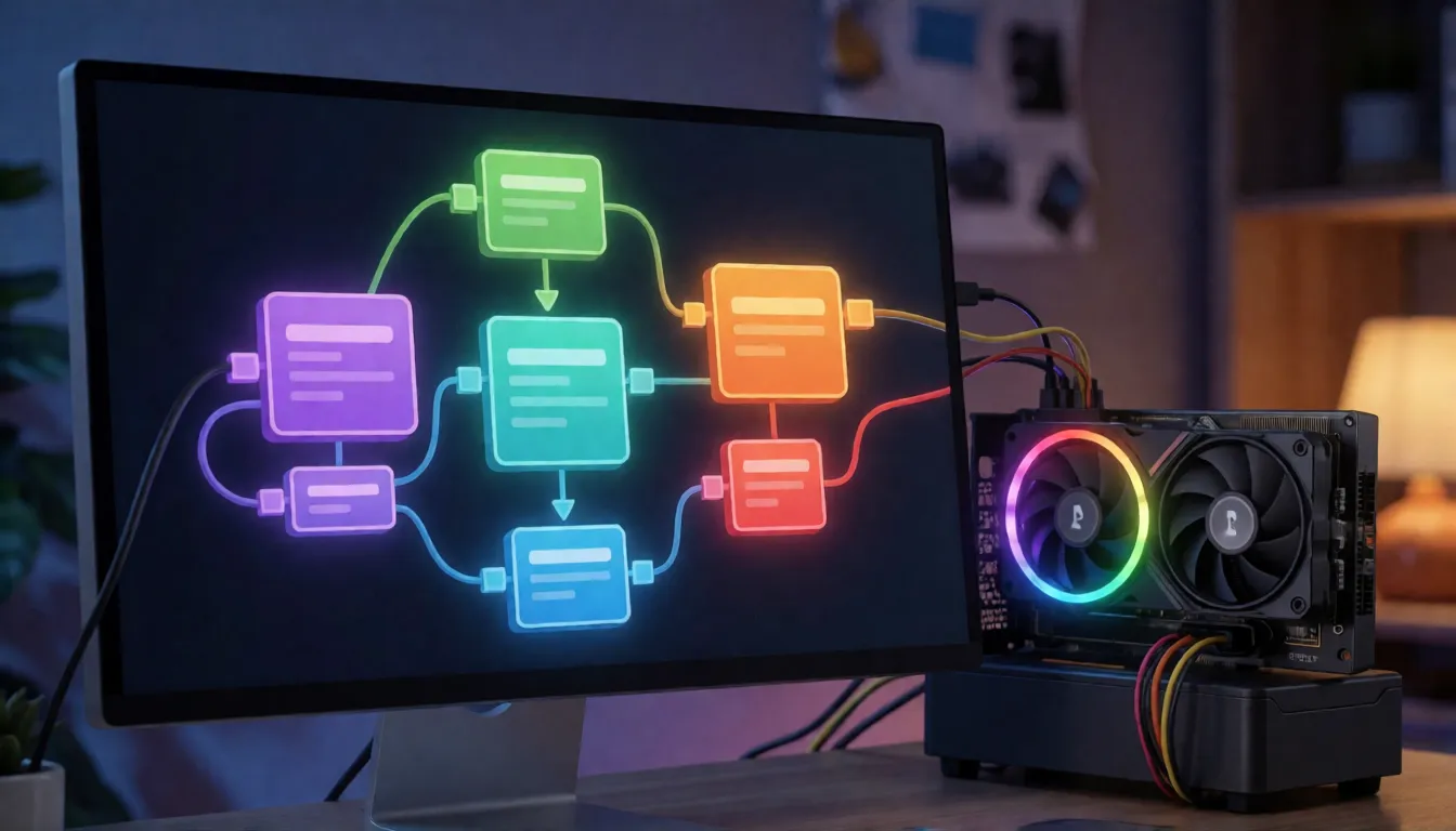 Node-based ComfyUI style workflow on a monitor next to a desktop GPU for running Kandinsky 6.0 locally