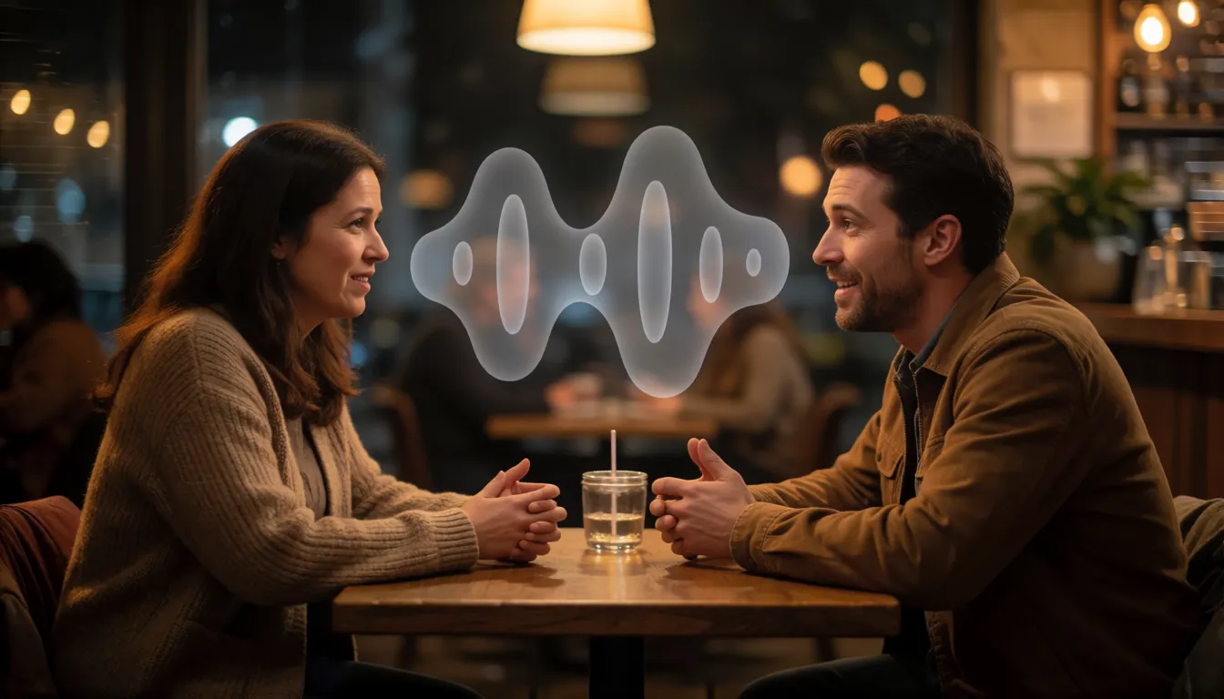 Dos actores adultos conversando en una cafetería acogedora con ondas de sonido visibles, ilustrando diálogo con audio nativo