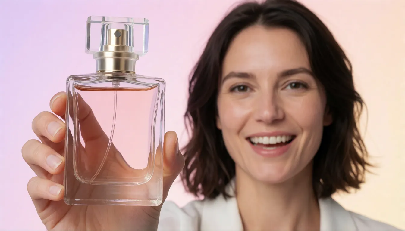 Lächelndes Model präsentiert in einem hellen Studio einen gläsernen Parfümflakon in die Kamera, eine kurze KI-Werbeszene mit gesprochenen Sätzen