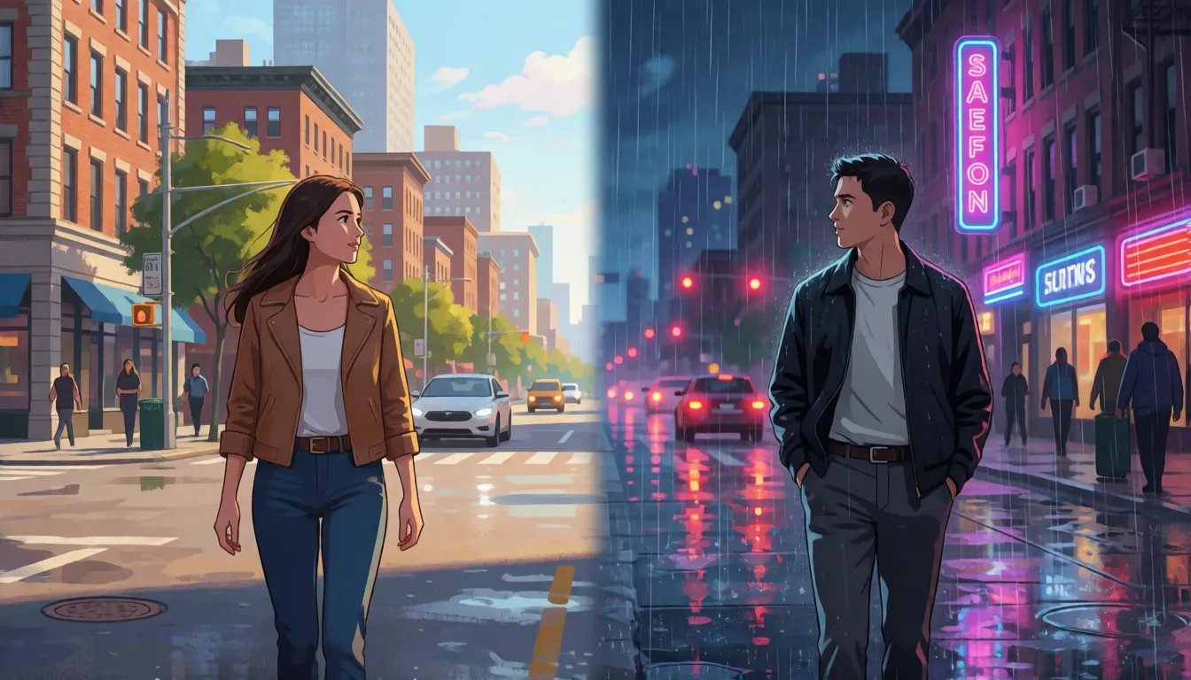 Split-screen street scene changing from sunny daylight to rainy night, showing AI video editing of weather and background