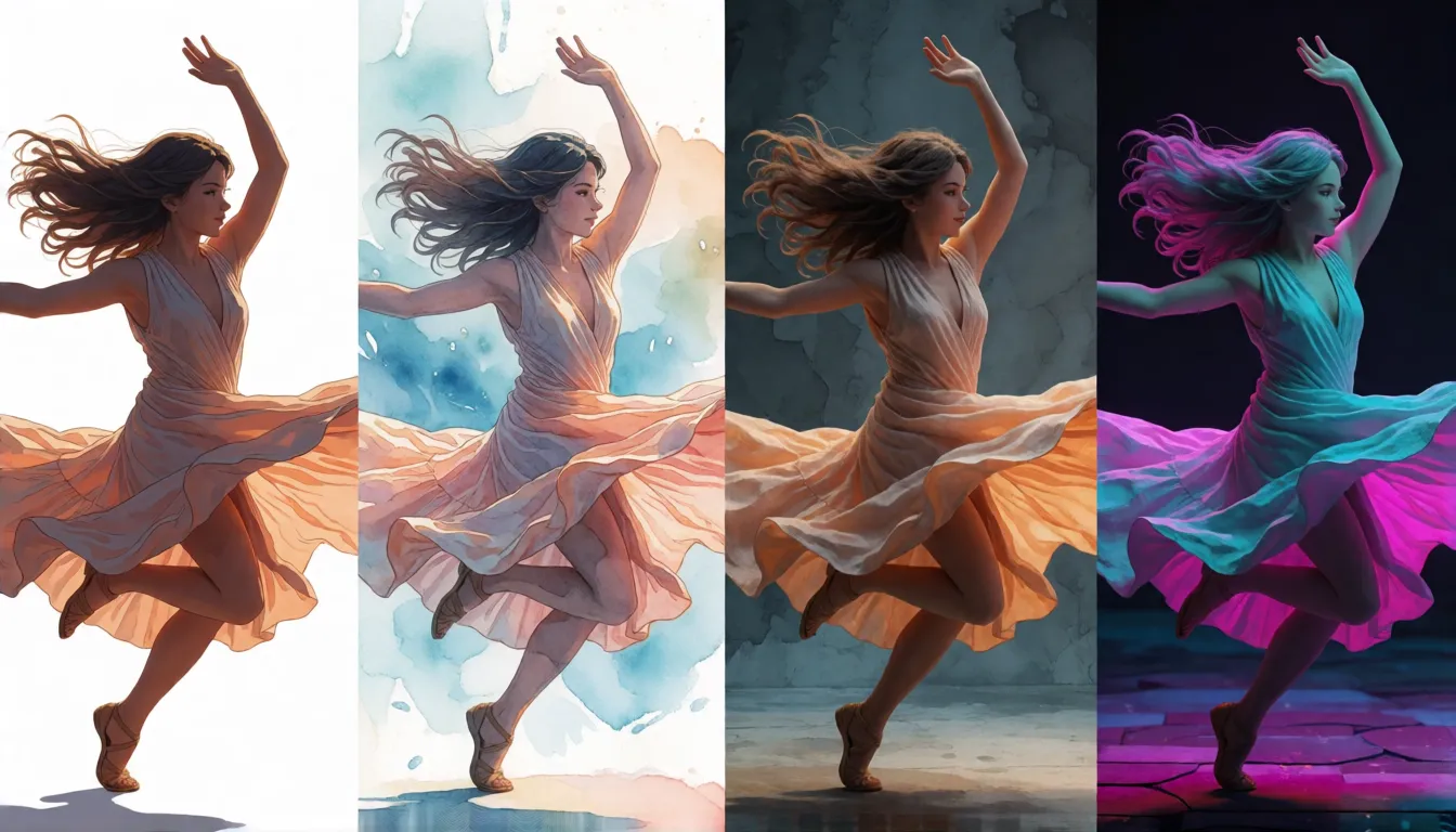Same dancer shown in four panels as anime, watercolor, clay and cyberpunk styles, illustrating video style transfer