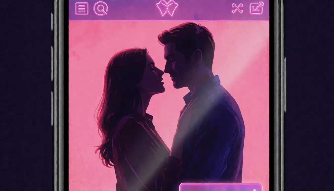 Silhouettes d'un couple adulte dans une interface de chat aux néons sur un téléphone, illustrant un chat IA non censuré