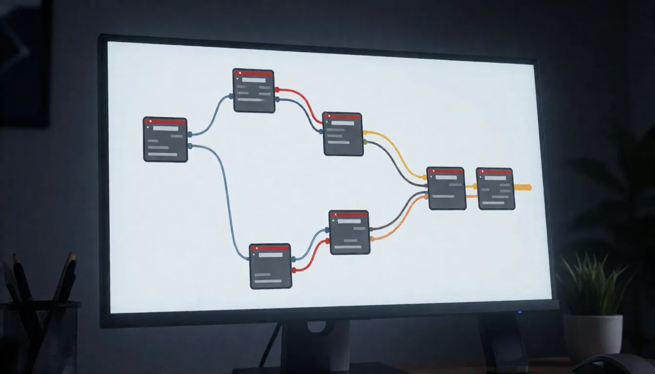 Knotenbasierter Bildgenerierungs-Workflow auf einem Desktop-Monitor als Illustration eines ComfyUI-Setups für das Kroma-Modell