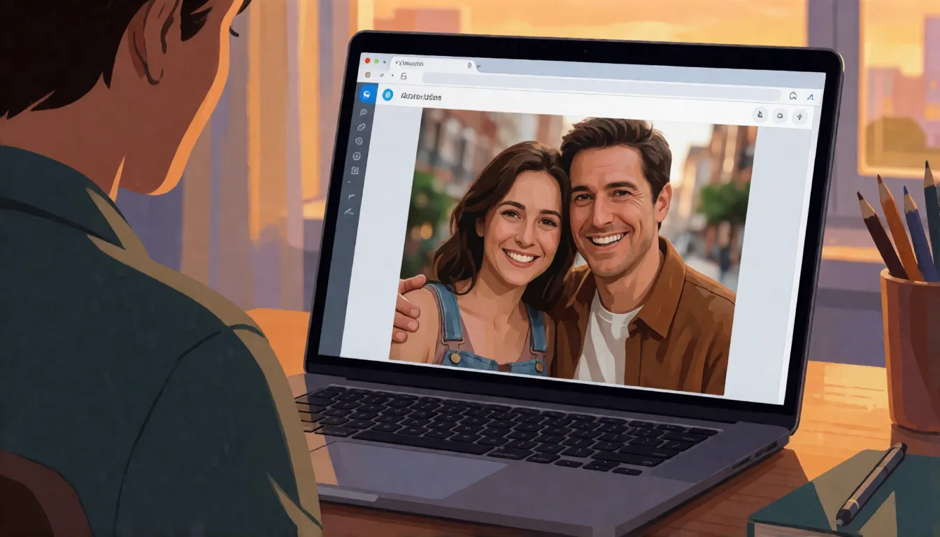 Pantalla de portátil que muestra el retrato de una pareja adulta convirtiéndose en un breve clip de vídeo en el navegador, que ilustra la conversión de imagen a vídeo en línea