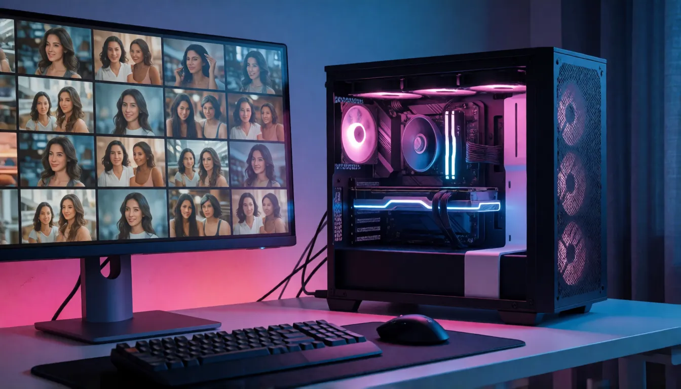 Estación de trabajo de escritorio con una tarjeta gráfica iluminada renderizando fotogramas de vídeo, que ilustra la inferencia local de un modelo de vídeo cuantizado