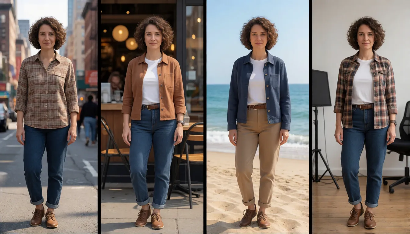 Storyboard of four panels showing the same adult character in different outfits and settings, illustrating character consistency across images