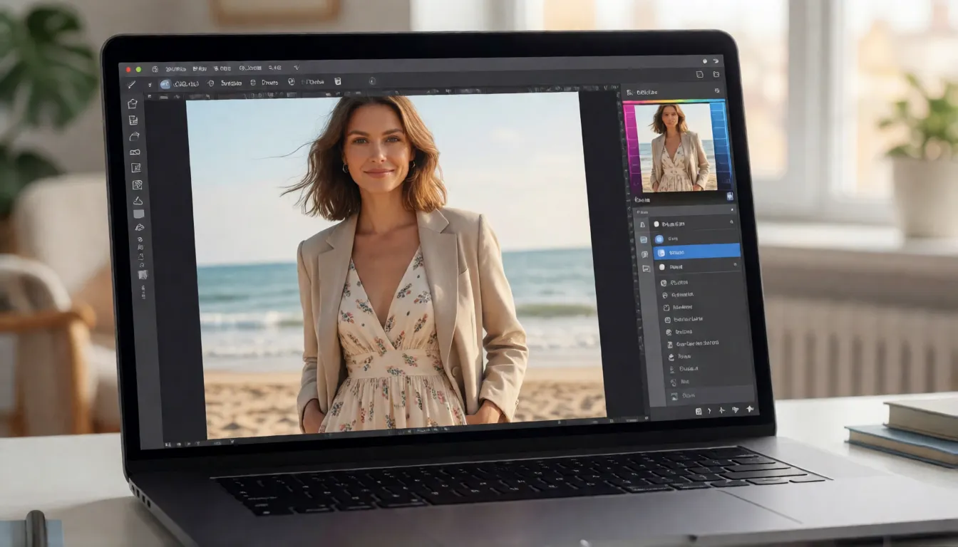 Laptop screen showing an AI image editor turning a studio portrait of an adult woman into a beach fashion shot