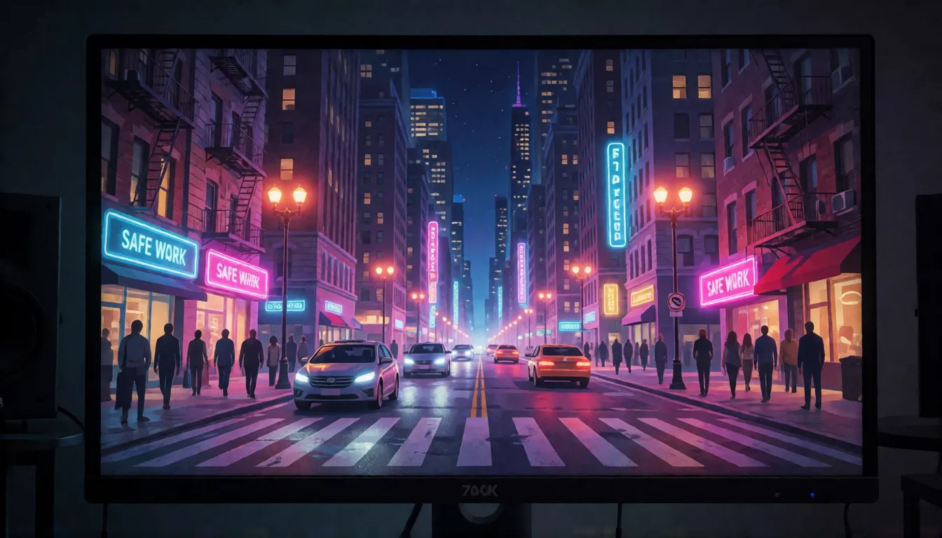 Monitor de etalonaje que muestra una nítida calle urbana iluminada con neones de noche, que ilustra la salida de vídeo con IA en 4K de alta resolución