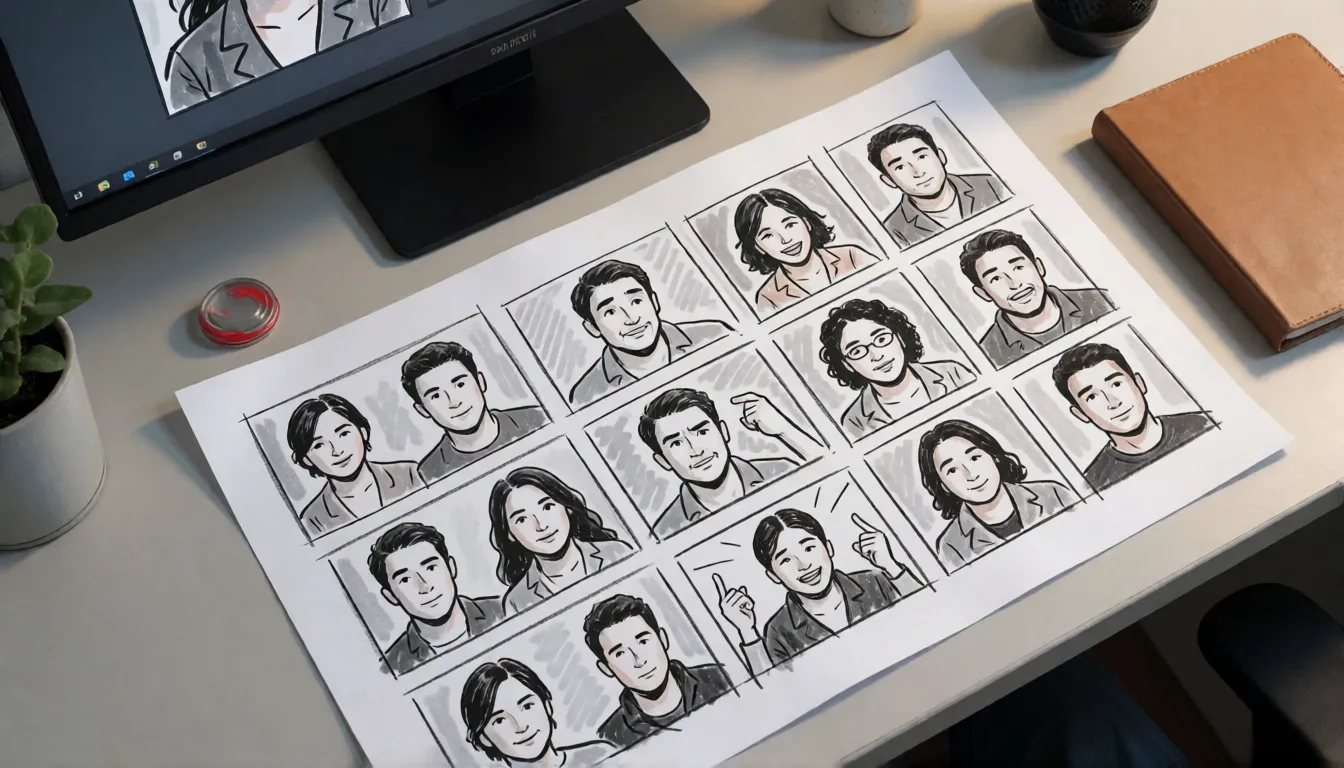 Schreibtisch eines Editors mit einem Storyboard aus vielen kurzen Reaktionsaufnahmen neben einem Monitor, als Illustration für das Erstellen von Kurzdrama-Entwürfen in Serie mit KI-Video