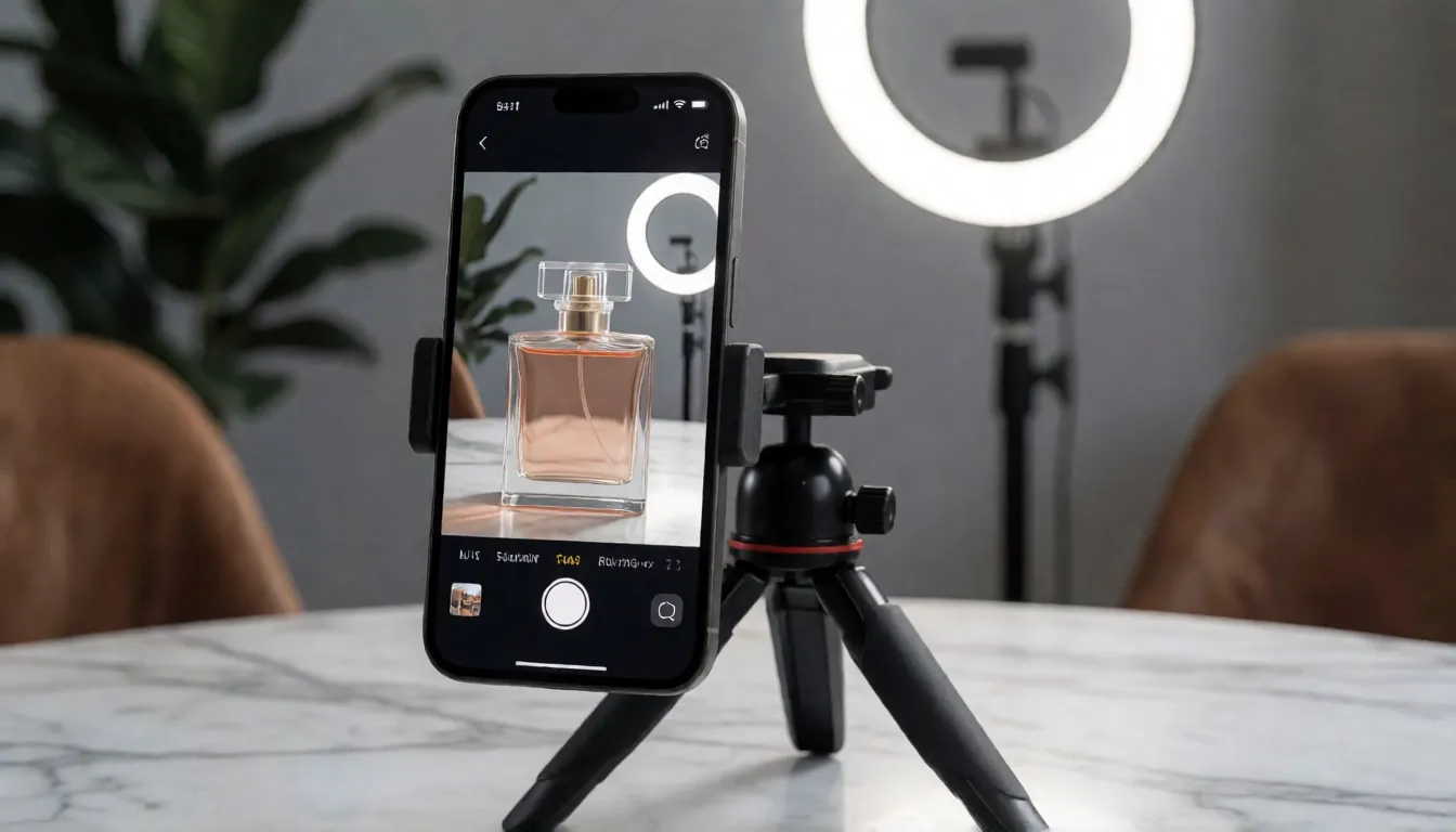 Smartphone auf einem Stativ, das unter einem Ringlicht einen vertikalen Produktclip eines Parfümflakons aufnimmt, als Illustration für Social-E-Commerce-Videowerbung
