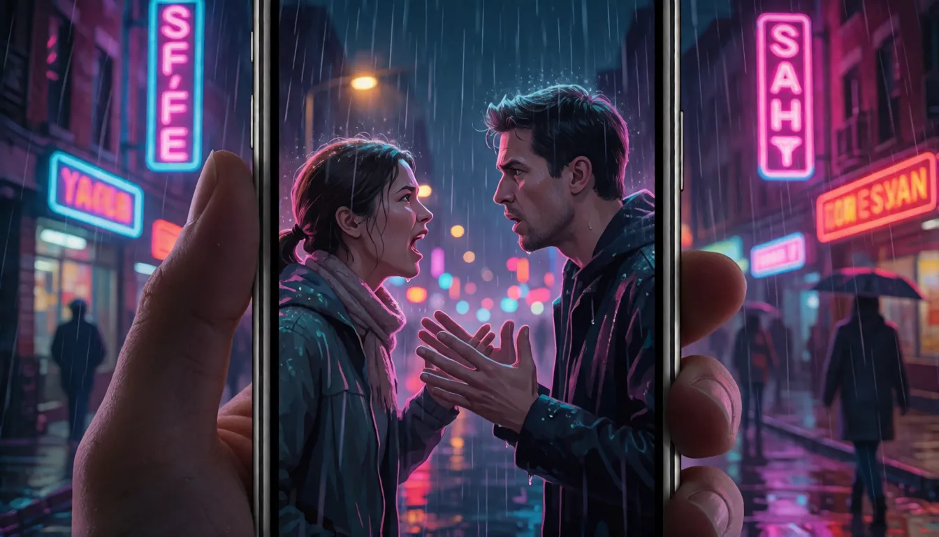 Pantalla vertical de un móvil que reproduce una escena dramática de microdrama con dos personajes discutiendo en una calle lluviosa, que ilustra la producción de microdramas con IA