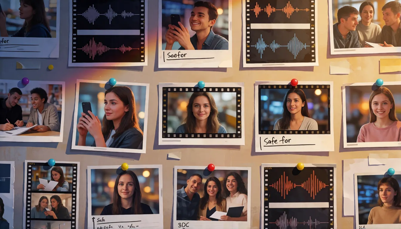 Pared de storyboard con fotos de referencia, fotogramas de vídeo y formas de onda de audio clavadas en filas, que ilustra las entradas de referencia multimodales para vídeo