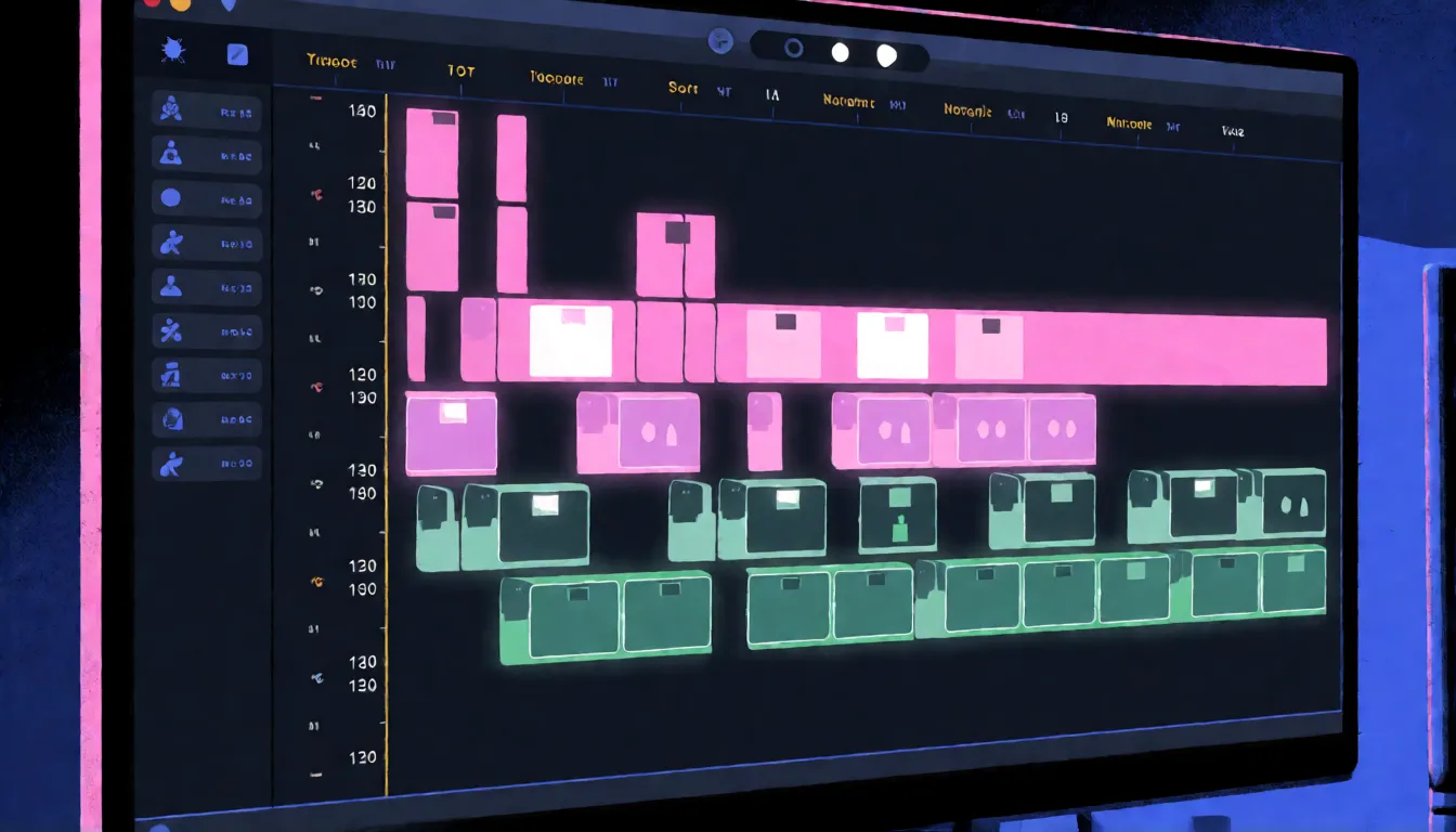 Línea de tiempo de edición de vídeo con bloques de clips de colores y marcadores de tiempo en una pantalla brillante, que ilustra la edición de vídeo a nivel de marca de tiempo