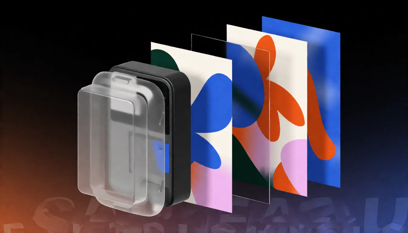 Exploded view of a poster split into floating transparent layers of text, product and background, illustrating layer separation