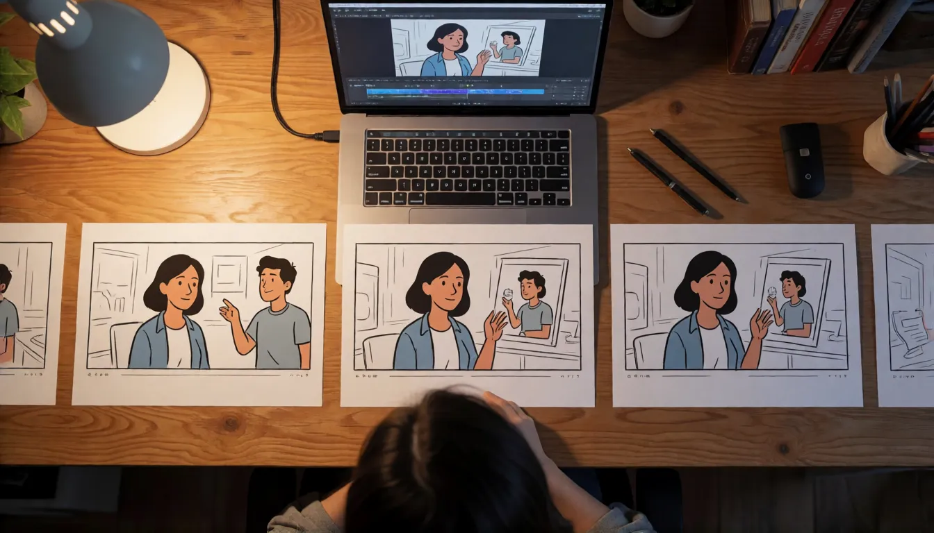 Storyboard frames laid out as keyframes beside a video editing timeline