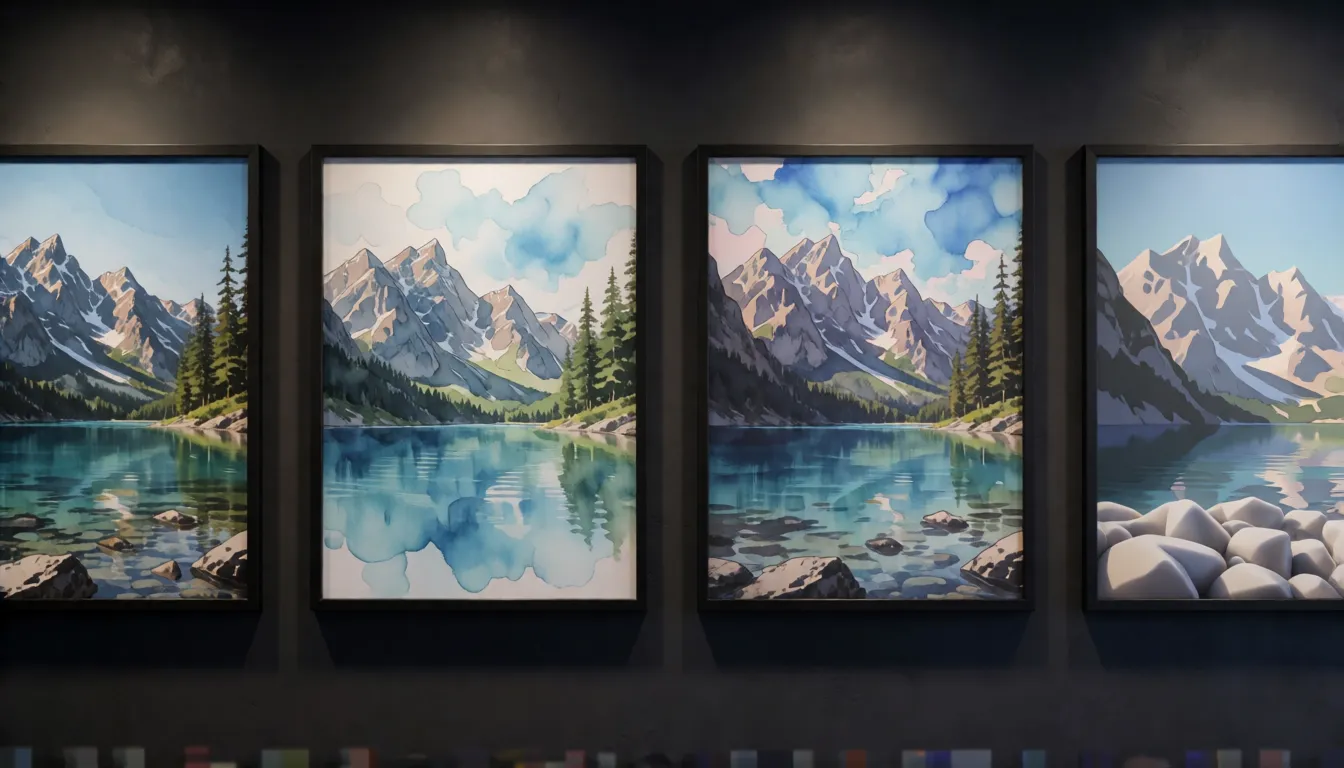 Four framed AI-generated images of the same mountain lake in different rendering styles side by side, comparing image models