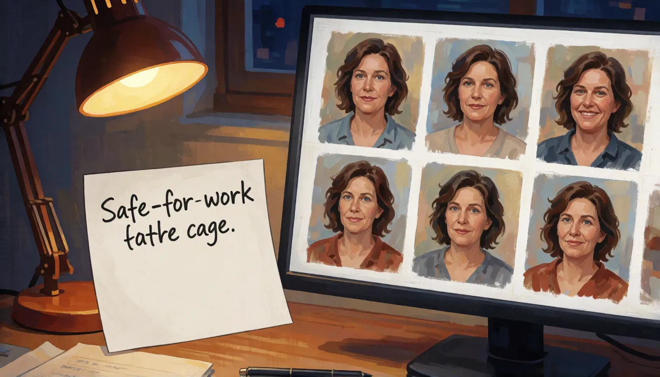 Desk with handwritten prompt notes beside a monitor showing several generated portrait variations, illustrating a image prompt workflow