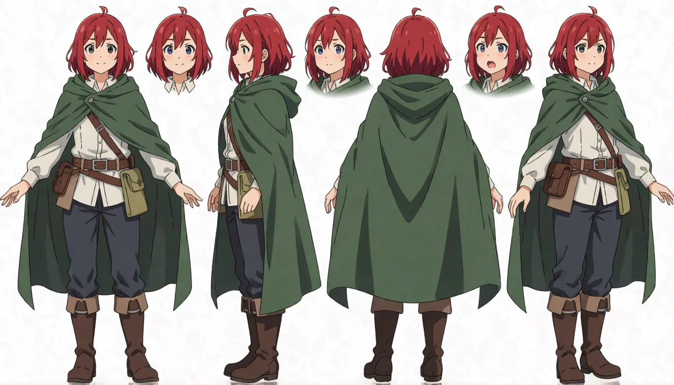 Consistent anime character turnaround sheet with front, side, back views and expression variations