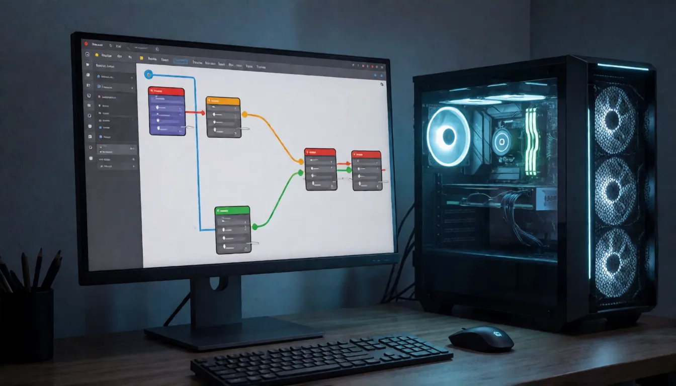 Desktop-Workstation mit einem knotenbasierten Workflow-Graphen auf dem Bildschirm, als Darstellung eines lokalen Wan 2.2-Video-Setups in ComfyUI