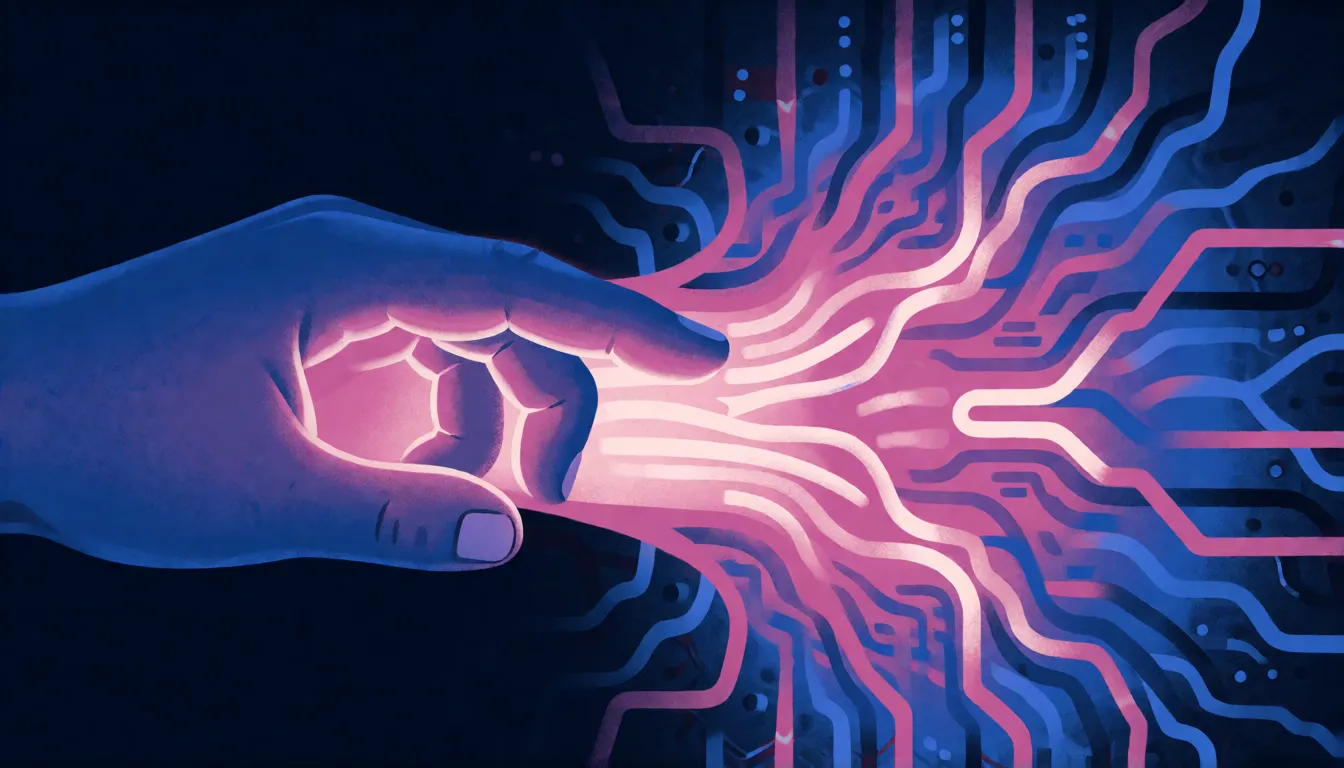 Abstrakte Darstellung von Text- und Bild-Tokens, die in einem neuronalen Netz zu einem einzigen Lichtstrom verschmelzen