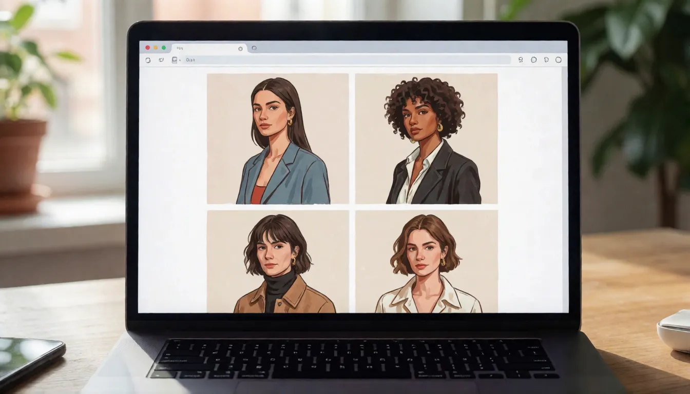 Laptop auf einem Schreibtisch mit einem Raster aus vier KI-generierten Modeporträts in einem browserbasierten Bildgenerator