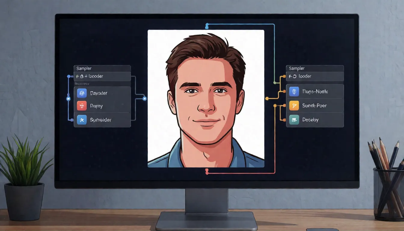 Knotenbasierter Bild-Workflow auf einem dunklen Monitor mit verbundenen Loader-, Sampler- und Decoder-Blöcken, die ein Porträt erzeugen